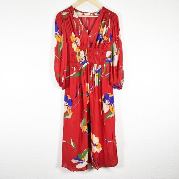 Shoshanna Emanuela Floral Smocked Waist Midi Dress V Neck Long Sleeve Red 4 NWT - Picture 6 of 16